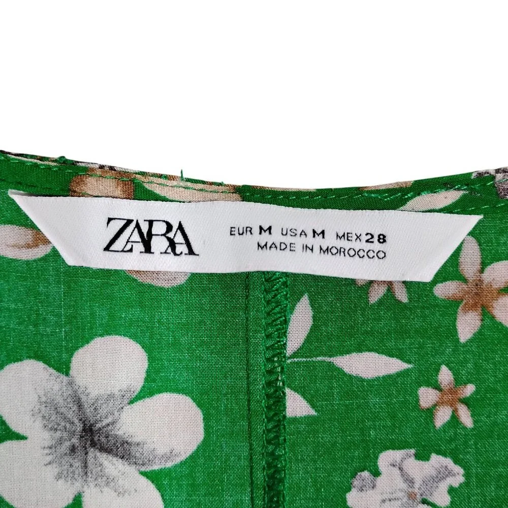 Zara Tiered Floral Green Dress Size Medium V Neck Short Sleeve Pullover - Picture 9 of 11